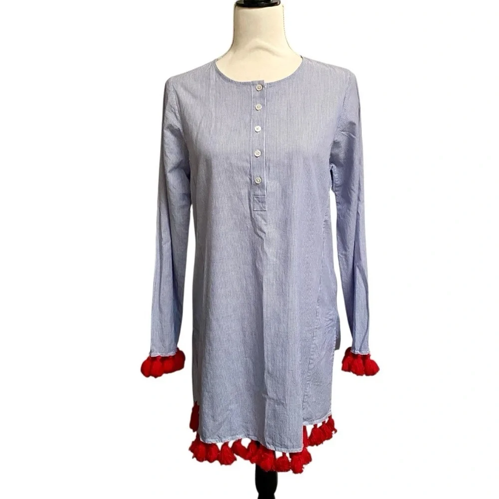 Tory Burch Sandy Beach Tunic Cover Up S Blue White Stripe Red Tassel